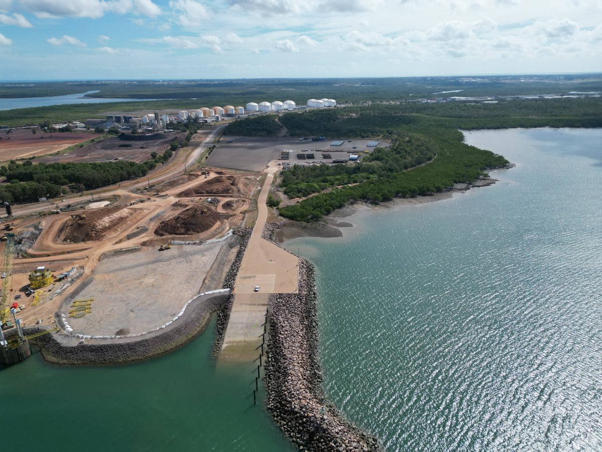 Aerial view of Marine Industry Park showing barge ramp, coastal infrastructure and surrounding industrial area in Darwin