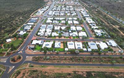 Aerial view of established homes and streets within Kilgariff Estate in Alice Springs