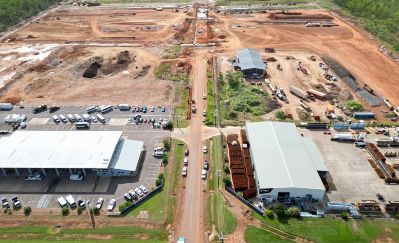Alt text: Aerial view of bulk earthworks at Holtze Industrial Estate preparing serviced industrial lots
